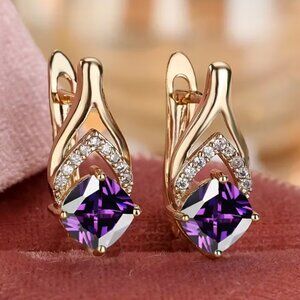 Earrings Amethyst Princess-Cut Purple Cubic Zirconia in Center Timeless Grace
